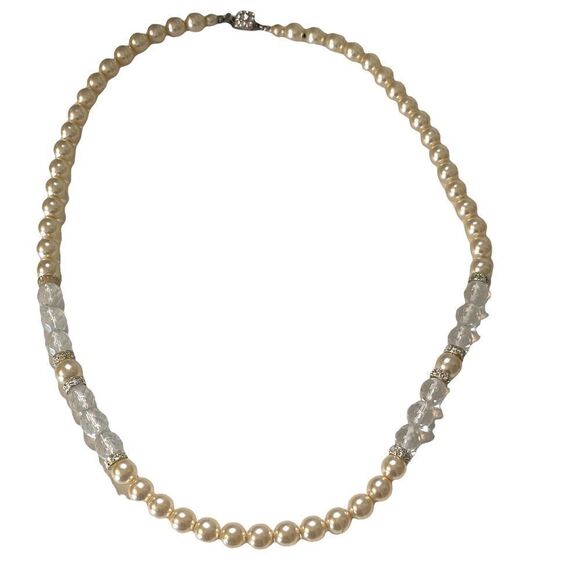 Necklace 12” Classic Pearl Rhinestone Beads Long Evening Wedding Unique Clasp - Picture 1 of 8